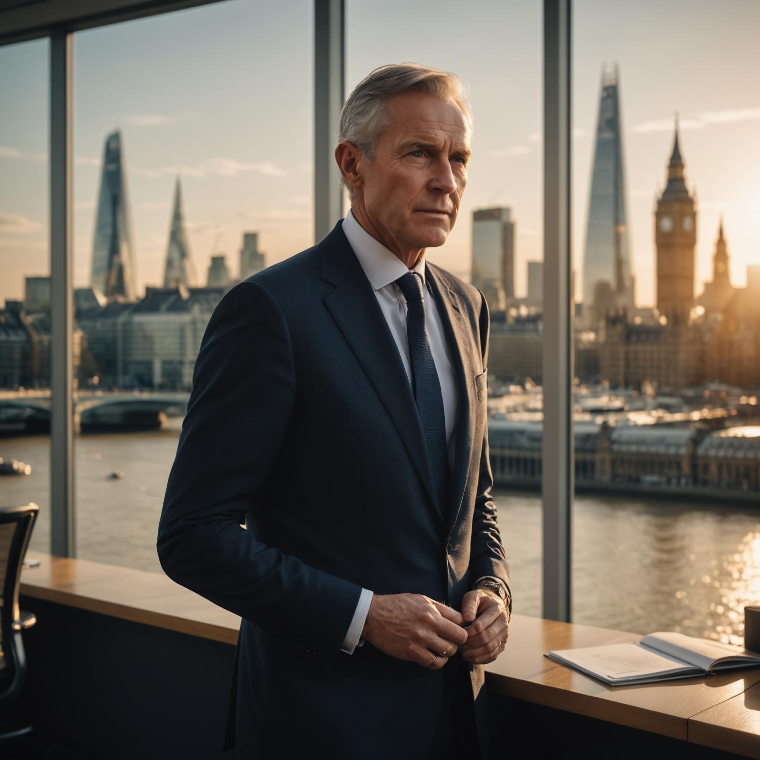 Senior consultant reviewing case material in a London advisory office at dusk