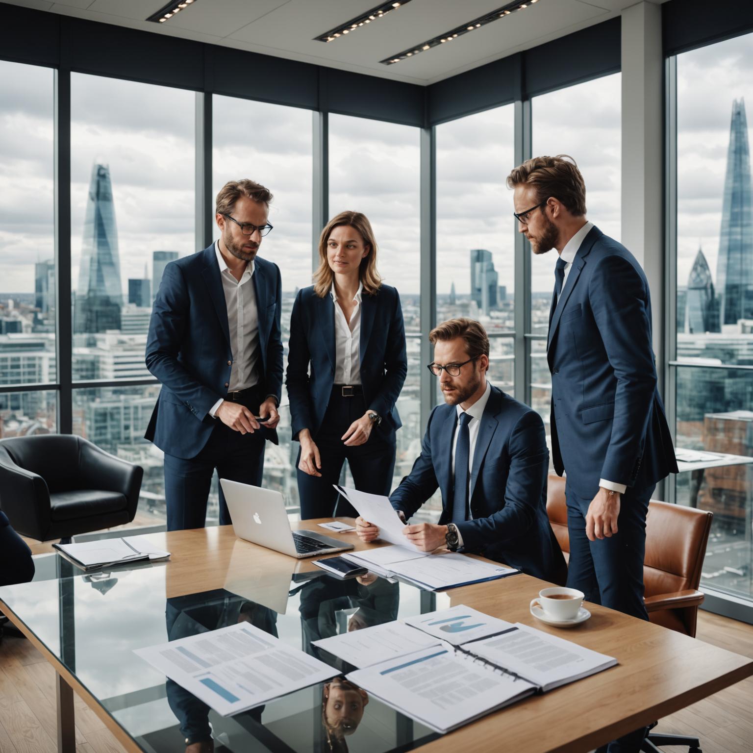 Three Vista Reclaim consultants working around a glass meeting table in a London office
